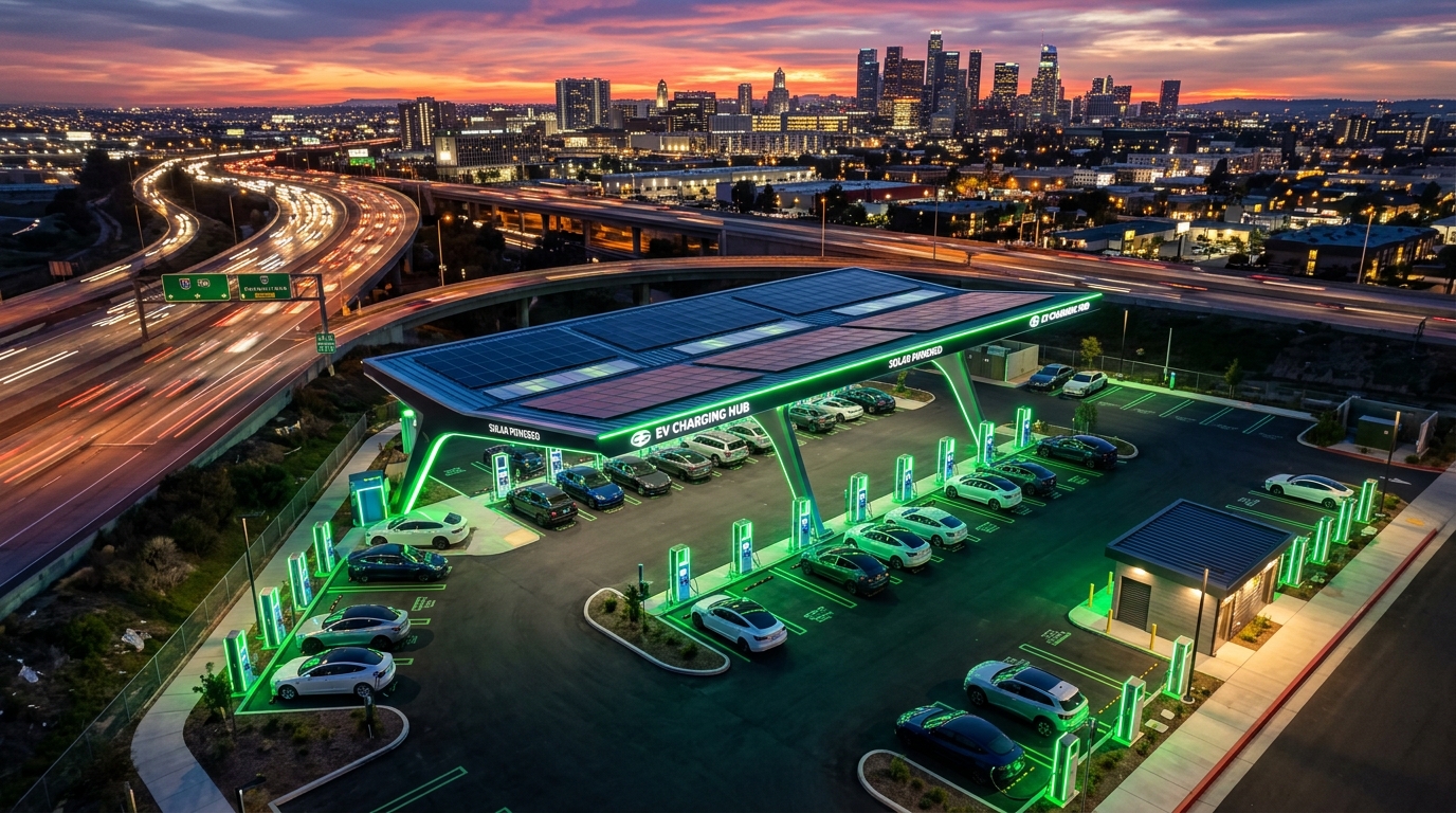 Volttic EV charging hub aerial view with multiple charging bays at dusk